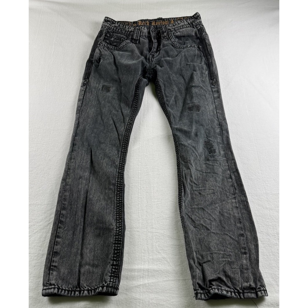 Rock Revival Jeans Mens 30x30 Kayne Faded Black Distressed Straight Slim